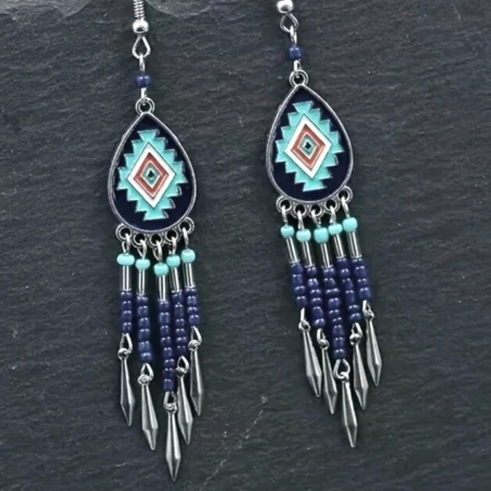 Beaded tassel Tribal Southwestern blue silver tone dangle drop Pierced Earrings